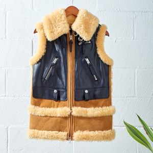 COACH Camel/Black Shearling Leather Biker Vest